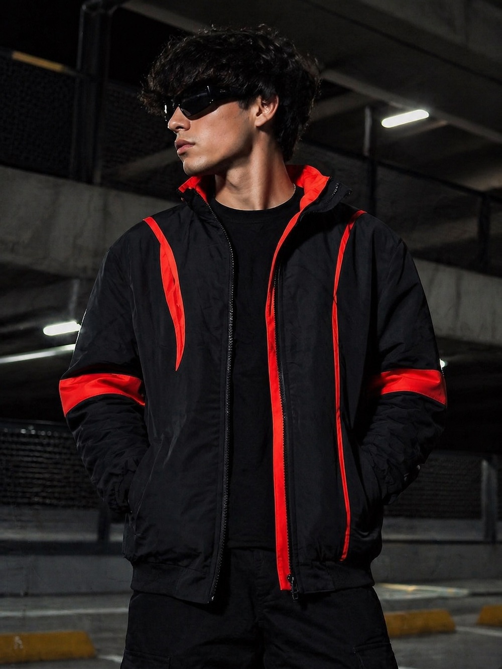 Men's Black Jacket with Red Accents Lightweight Hooded Shell